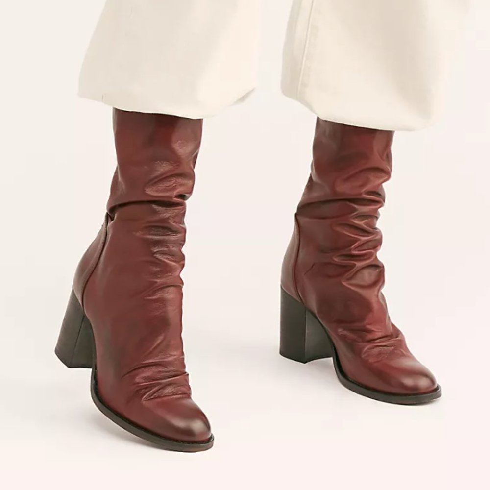 Deep Red Free People Leather Elle Block Heel Boot in Vintage Oak